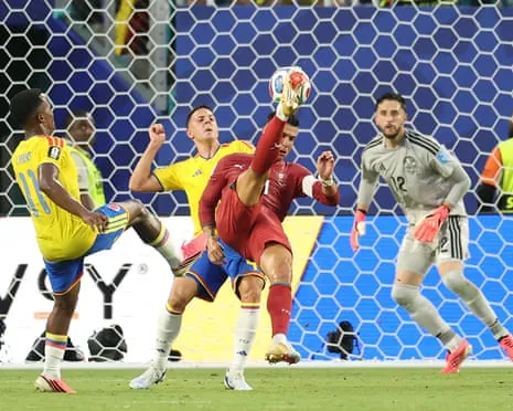 Cristiano Ronaldo attempts an overhead kick during a hugely entertaining first half