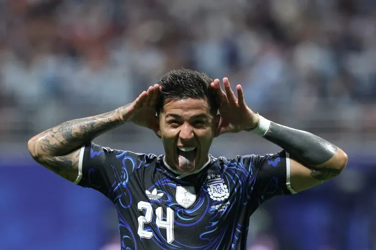 Argentina's midfielder #24 Enzo Fernandez celebrates scoring his team's first goal during the 2026 World Cup football tournament semi-final match between England and Argentina at the Atlanta Stadium in Atlanta on July 15, 2026.